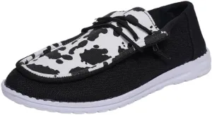 Women's Comfortable Cow Print Lace-up Loafers Orthopedic Ultralight Canvas Boat Casual Shoes with Arch Support