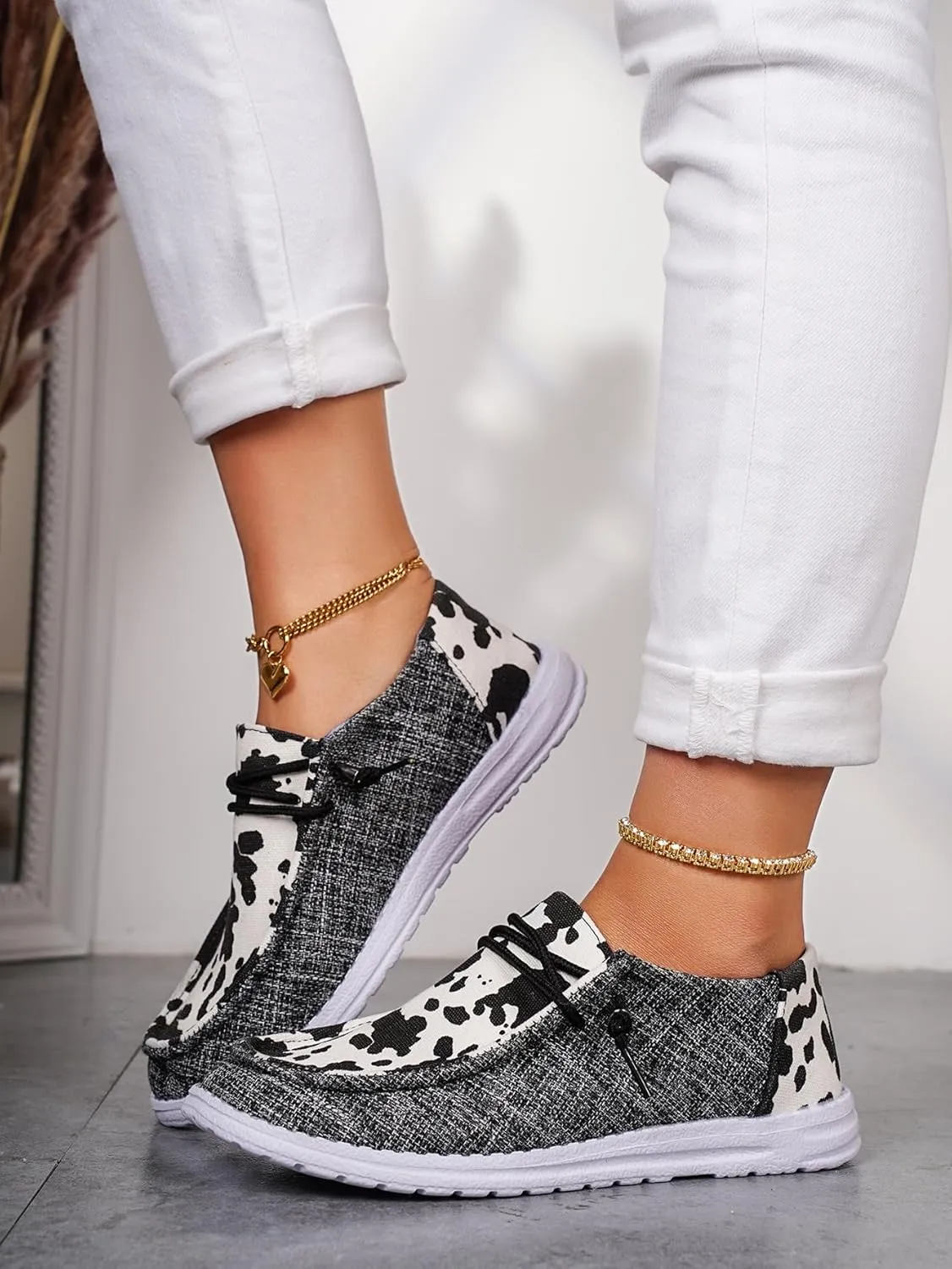Women's Comfortable Cow Print Lace-up Loafers Orthopedic Ultralight Canvas Boat Casual Shoes with Arch Support