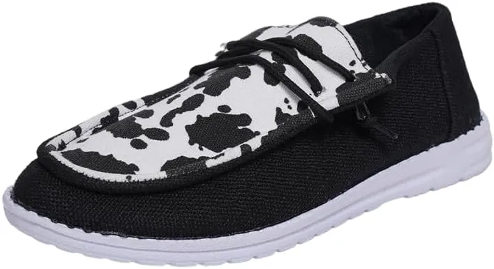 Women's Comfortable Cow Print Lace-up Loafers Orthopedic Ultralight Canvas Boat Casual Shoes with Arch Support