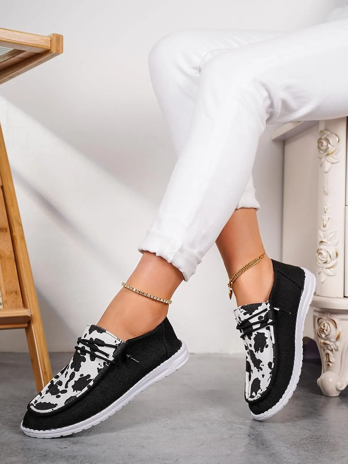 Women's Comfortable Cow Print Lace-up Loafers Orthopedic Ultralight Canvas Boat Casual Shoes with Arch Support