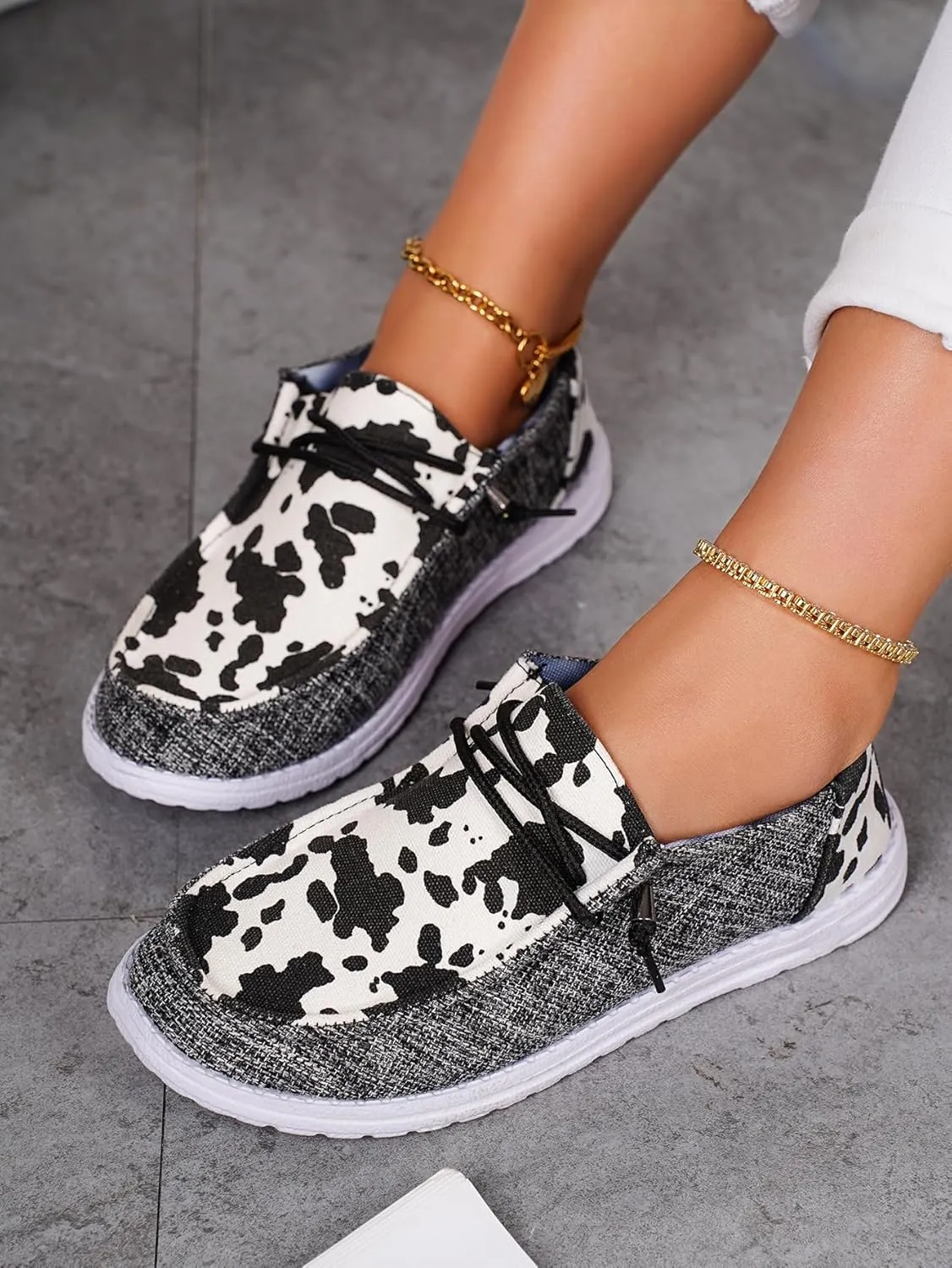 Women's Comfortable Cow Print Lace-up Loafers Orthopedic Ultralight Canvas Boat Casual Shoes with Arch Support