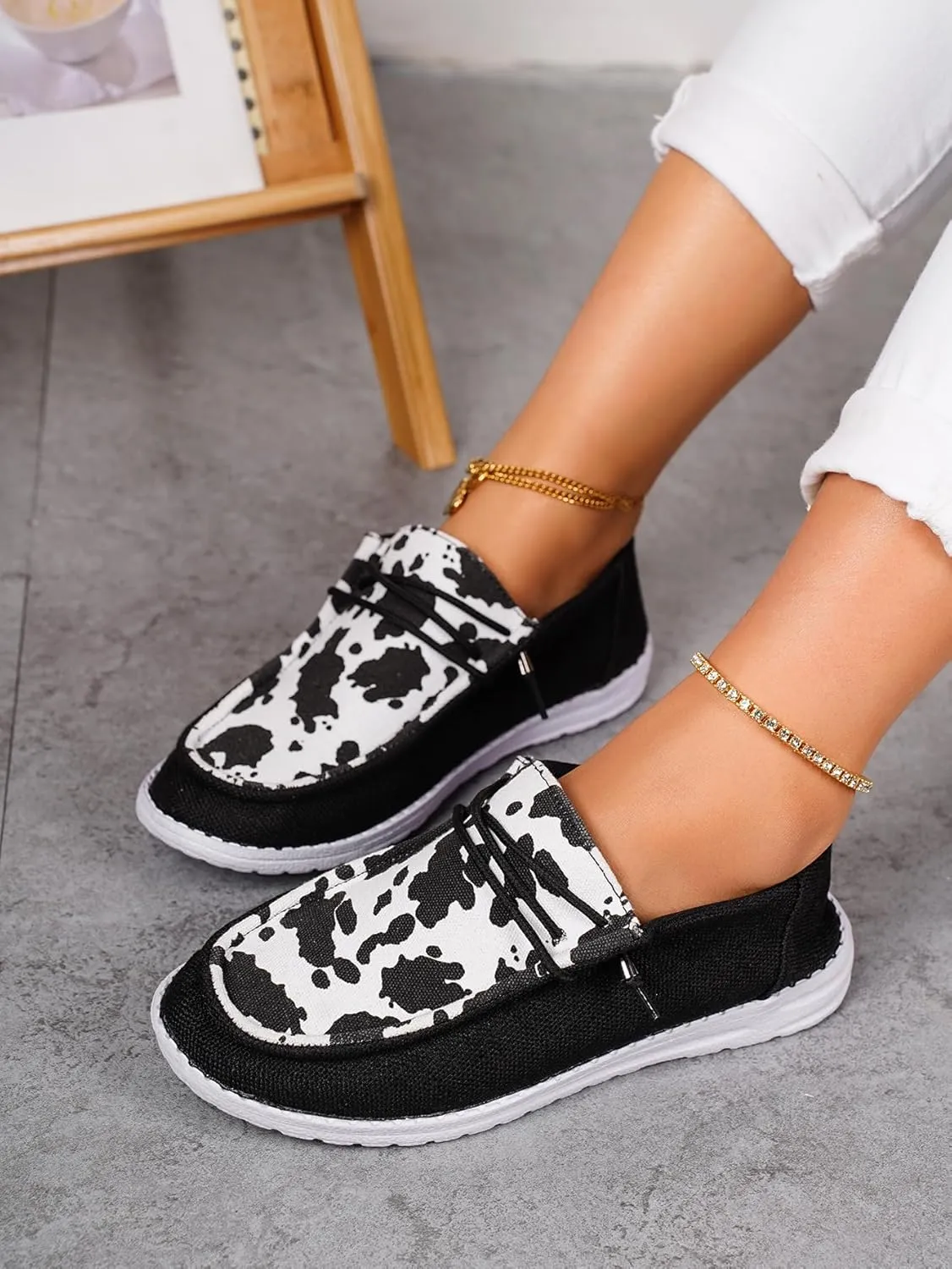 Women's Comfortable Cow Print Lace-up Loafers Orthopedic Ultralight Canvas Boat Casual Shoes with Arch Support