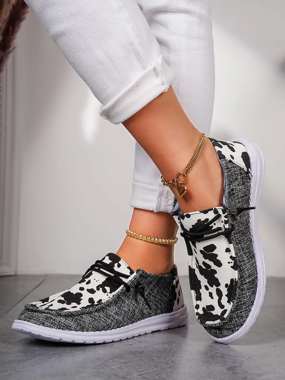 Women's Comfortable Cow Print Lace-up Loafers Orthopedic Ultralight Canvas Boat Casual Shoes with Arch Support