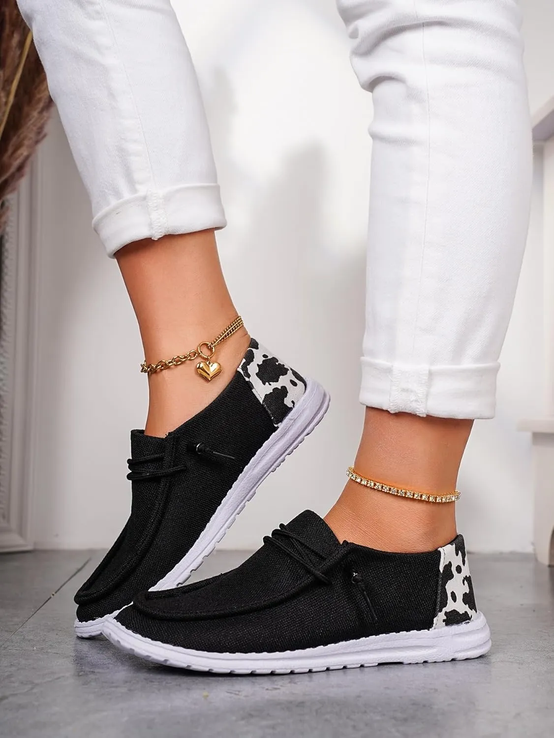Women's Comfortable Cow Print Lace-up Loafers Orthopedic Ultralight Canvas Boat Casual Shoes with Arch Support