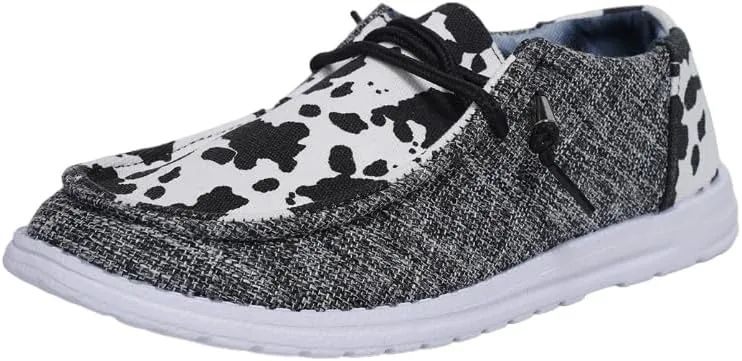 Women's Comfortable Cow Print Lace-up Loafers Orthopedic Ultralight Canvas Boat Casual Shoes with Arch Support