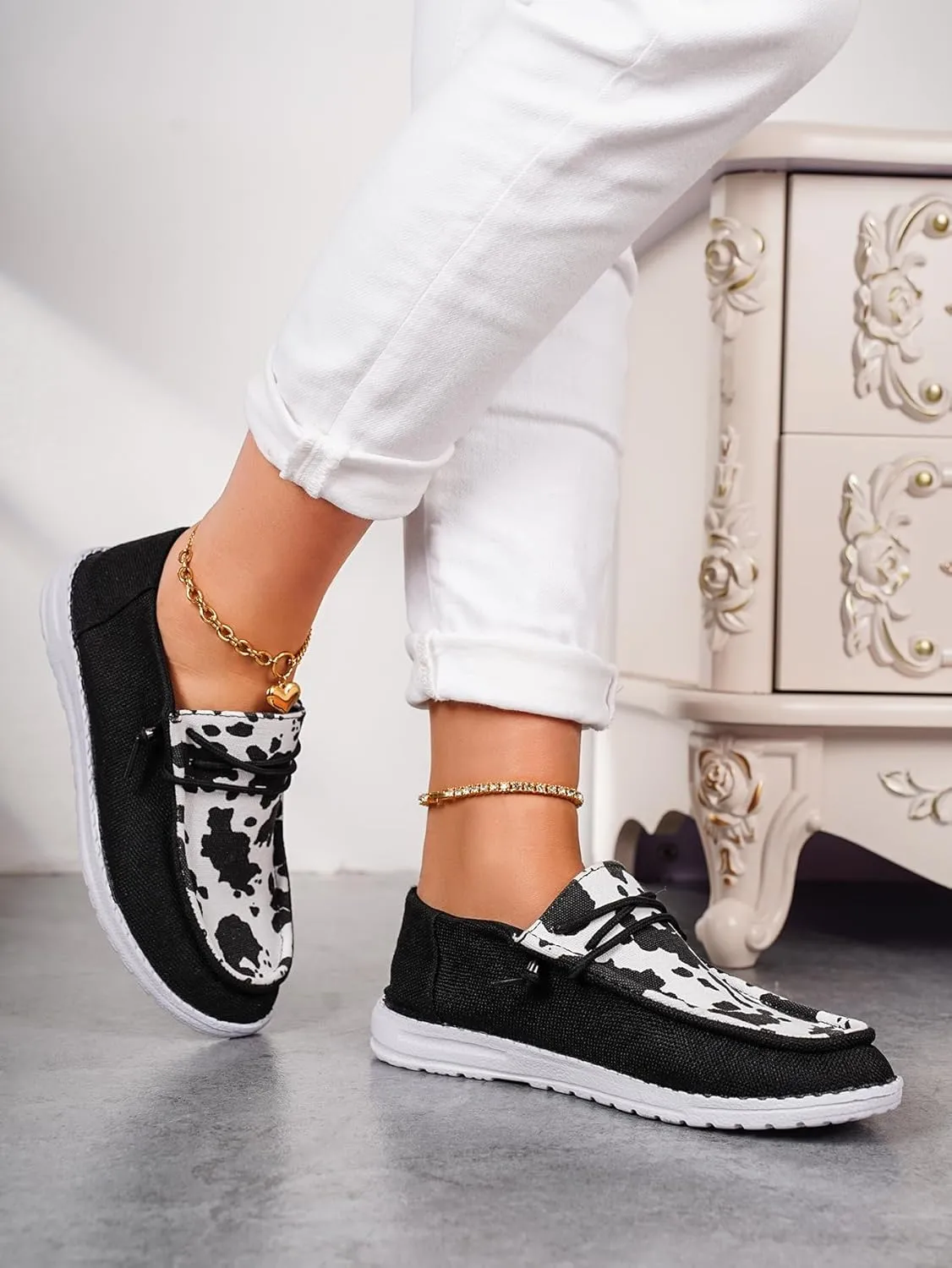 Women's Comfortable Cow Print Lace-up Loafers Orthopedic Ultralight Canvas Boat Casual Shoes with Arch Support