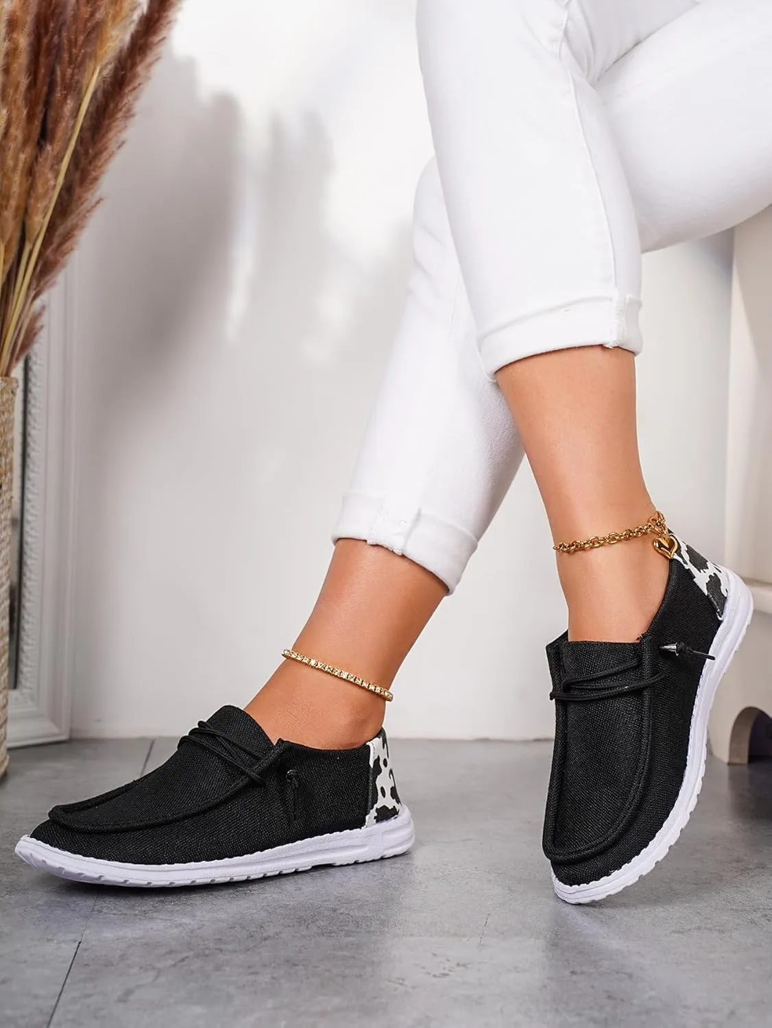 Women's Comfortable Cow Print Lace-up Loafers Orthopedic Ultralight Canvas Boat Casual Shoes with Arch Support