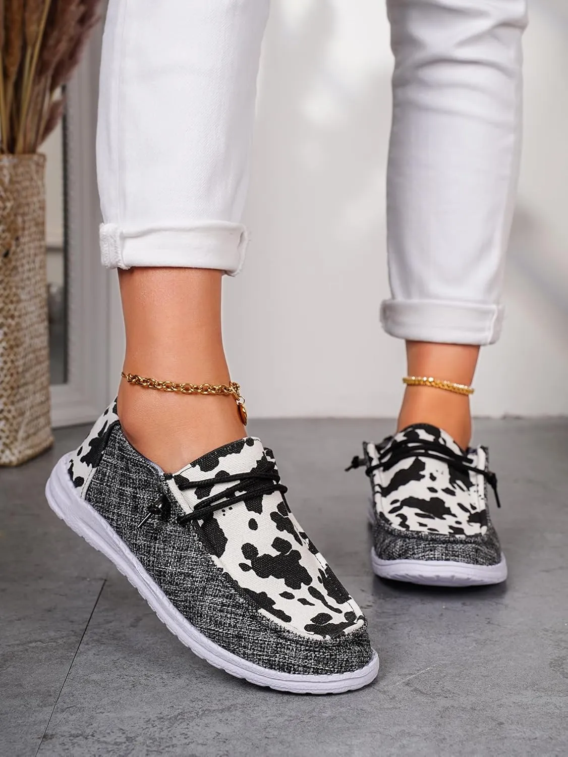Women's Comfortable Cow Print Lace-up Loafers Orthopedic Ultralight Canvas Boat Casual Shoes with Arch Support