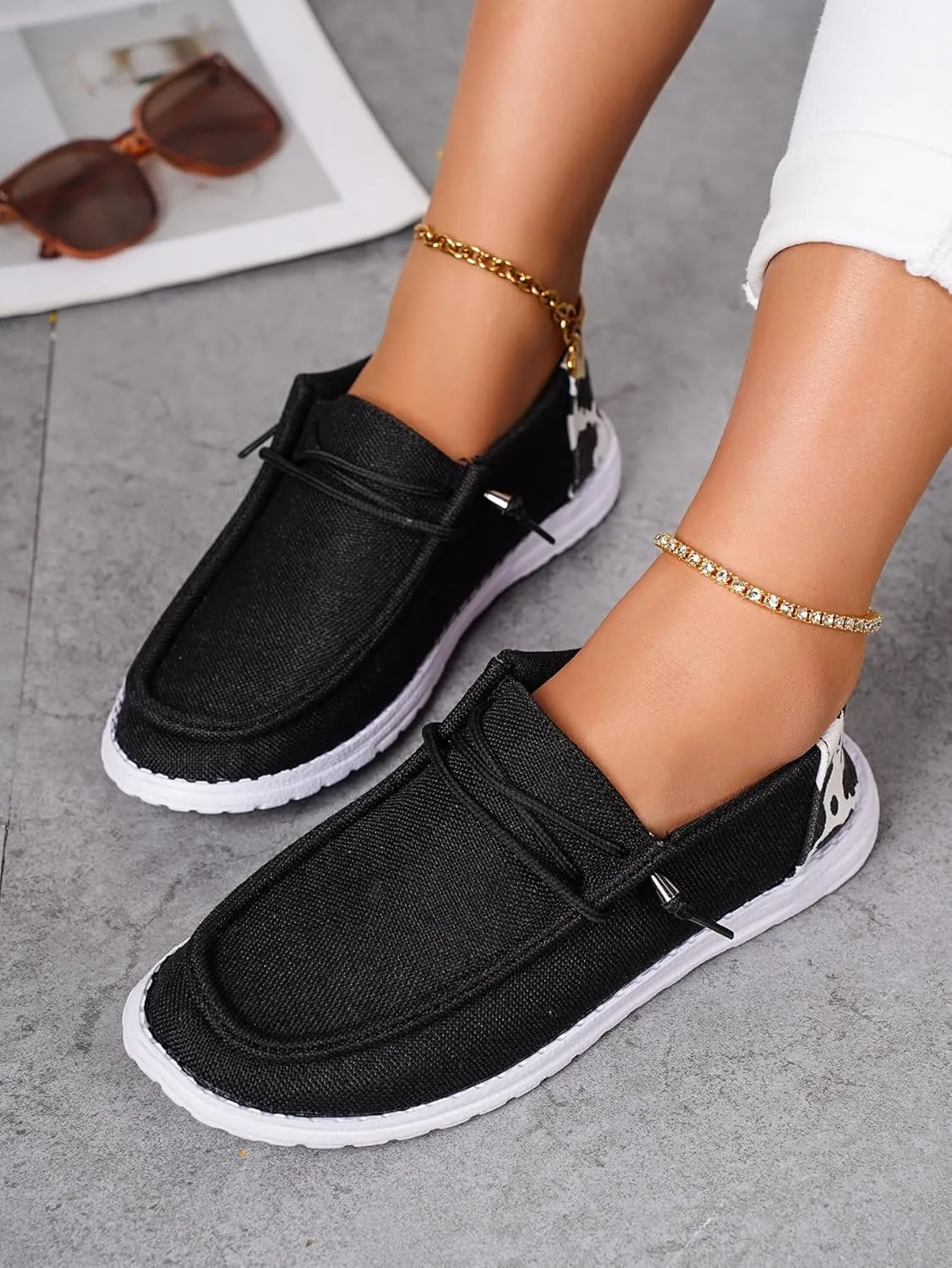 Women's Comfortable Cow Print Lace-up Loafers Orthopedic Ultralight Canvas Boat Casual Shoes with Arch Support