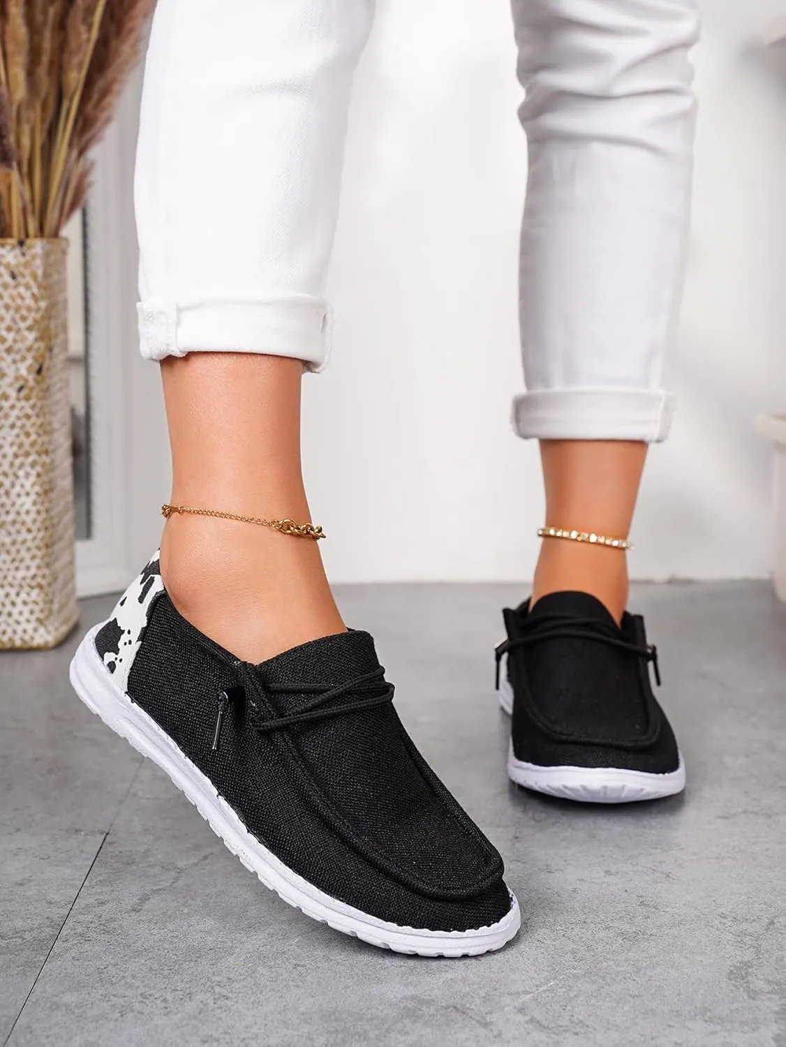 Women's Comfortable Cow Print Lace-up Loafers Orthopedic Ultralight Canvas Boat Casual Shoes with Arch Support