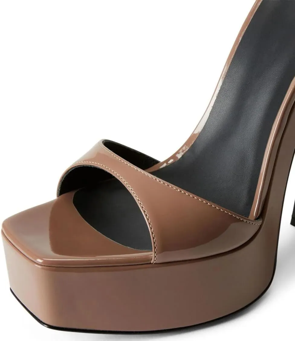 Women's Comfortable Platform Sandals Chunky Block Heel Backstrap Buckle High Heels Open Toe Dress Sexy Patent Leather Shoes