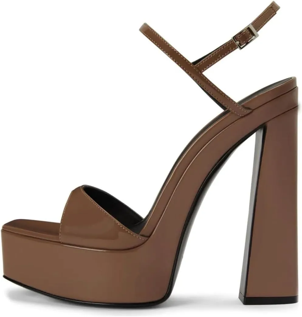 Women's Comfortable Platform Sandals Chunky Block Heel Backstrap Buckle High Heels Open Toe Dress Sexy Patent Leather Shoes