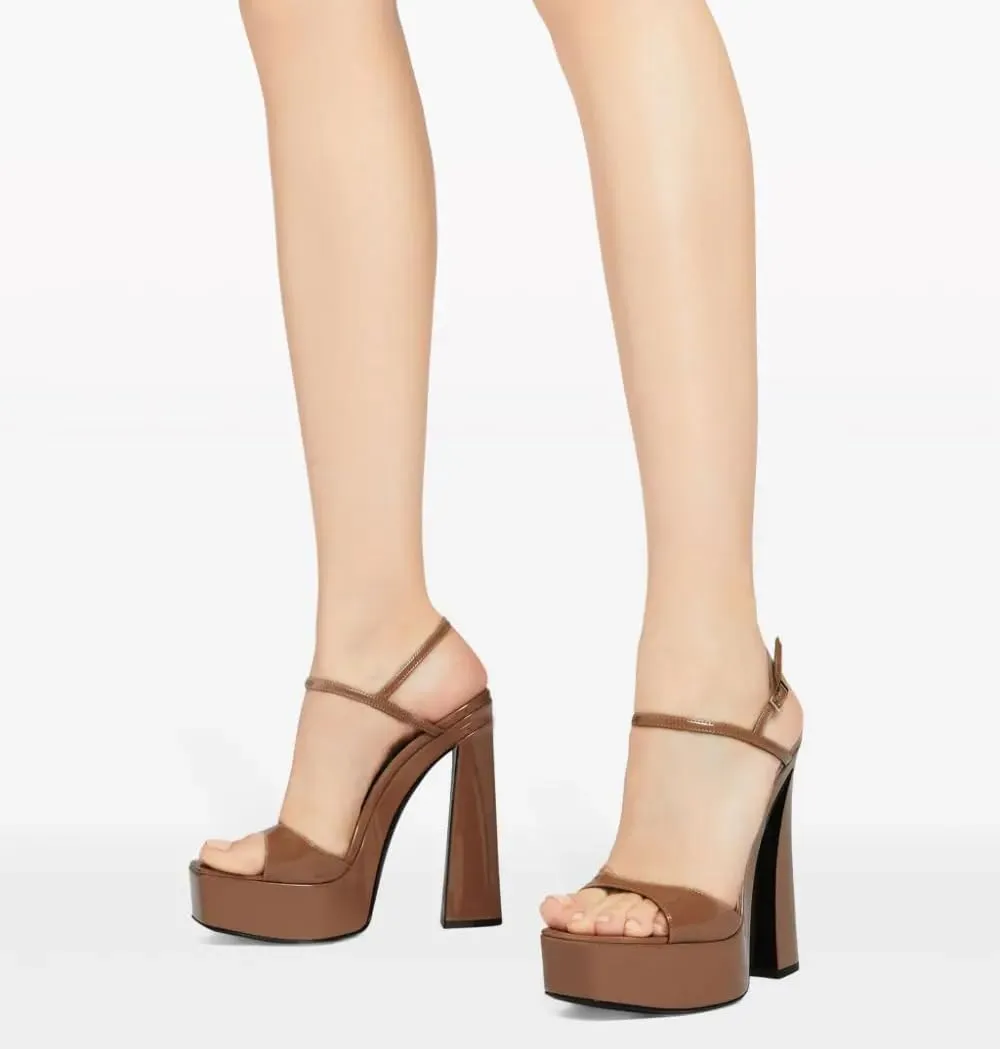 Women's Comfortable Platform Sandals Chunky Block Heel Backstrap Buckle High Heels Open Toe Dress Sexy Patent Leather Shoes
