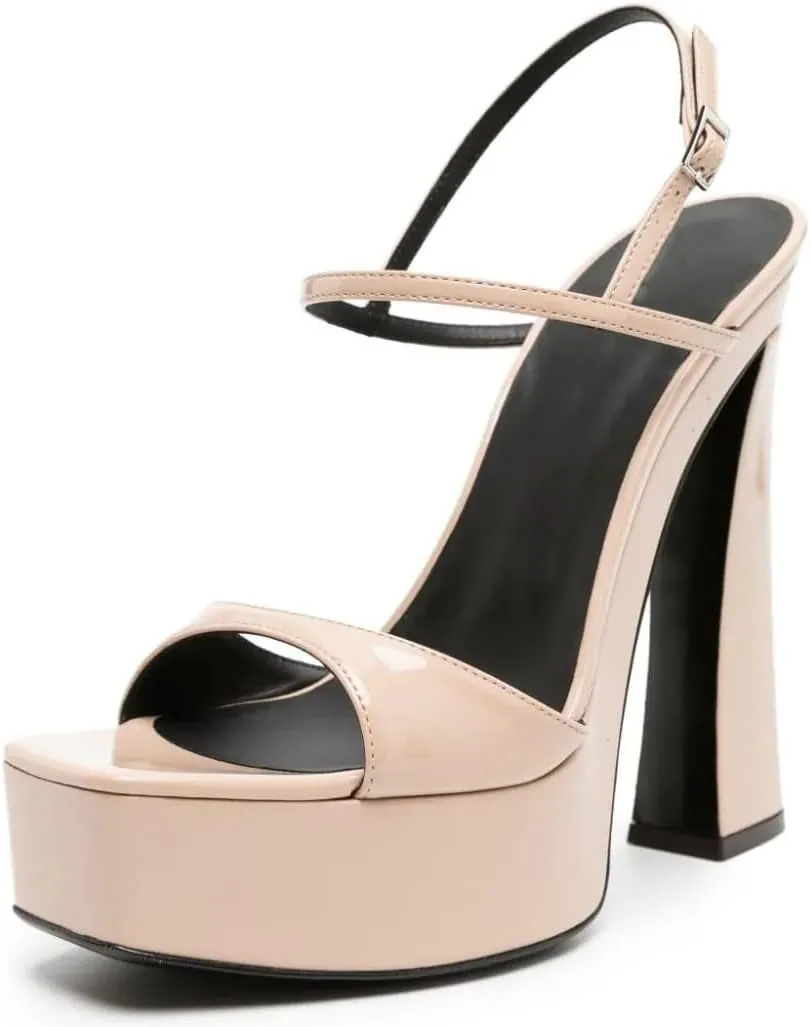 Women's Comfortable Platform Sandals Chunky Block Heel Backstrap Buckle High Heels Open Toe Dress Sexy Patent Leather Shoes