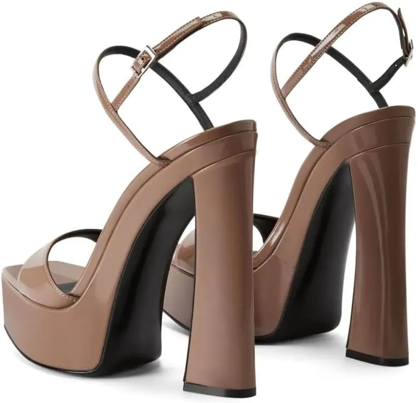 Women's Comfortable Platform Sandals Chunky Block Heel Backstrap Buckle High Heels Open Toe Dress Sexy Patent Leather Shoes
