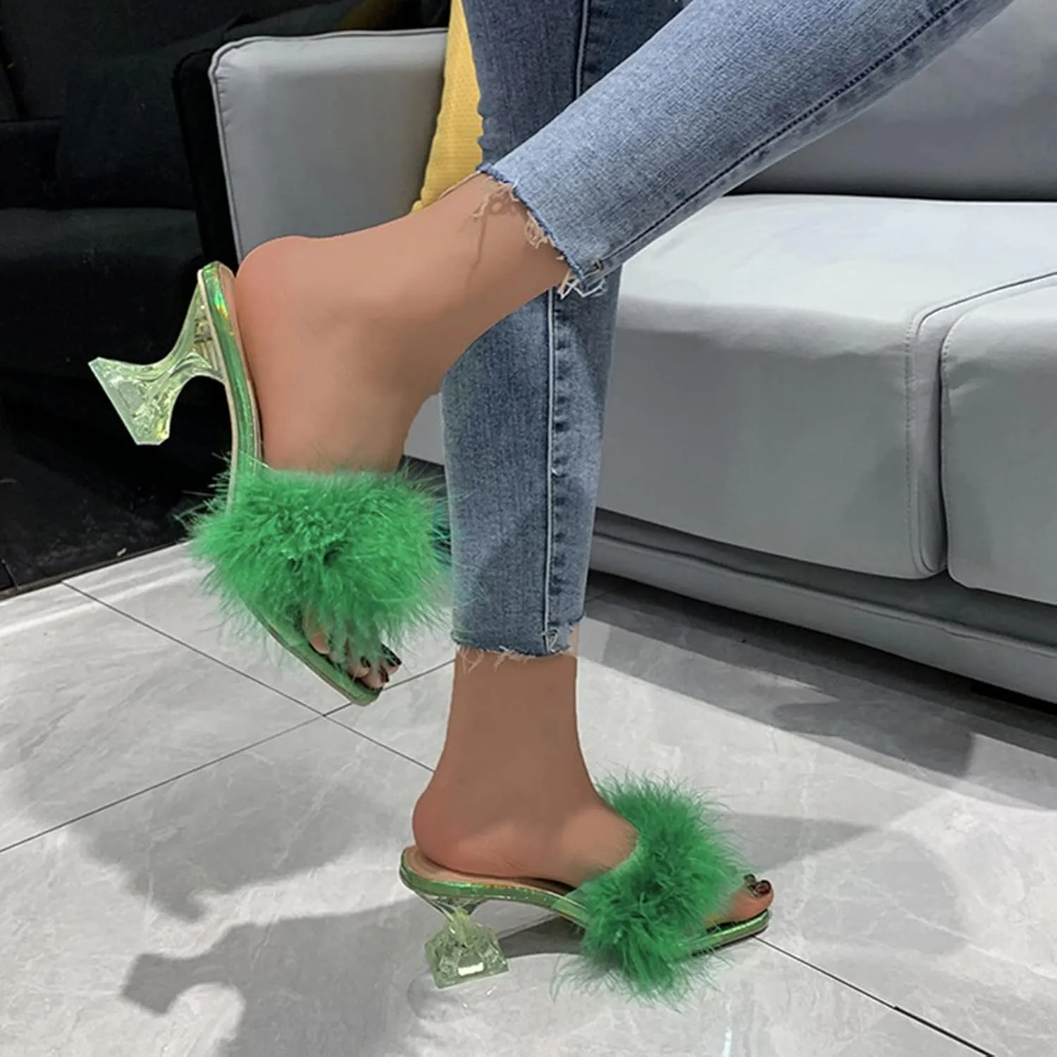 Women's Dress Shoes Ladies Sandals Slippers Transparent Breathable Fashion Wine Heel Shoes Plush GlassHigh Women's high