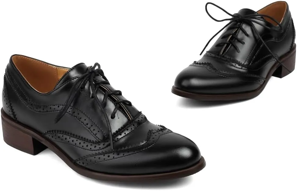 Women's Flat Saddle Oxford Shoes Round Toe Wingtip Lace Up Low Heel Perforated School Uniform Oxfords Brogues