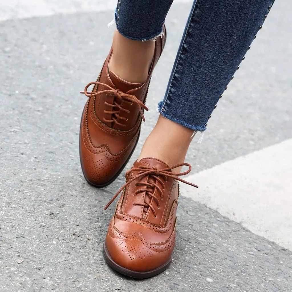 Women's Flat Saddle Oxford Shoes Two Toned Wingtip Perforated Lace Up Low Heel School Uniform Oxfords Brogues