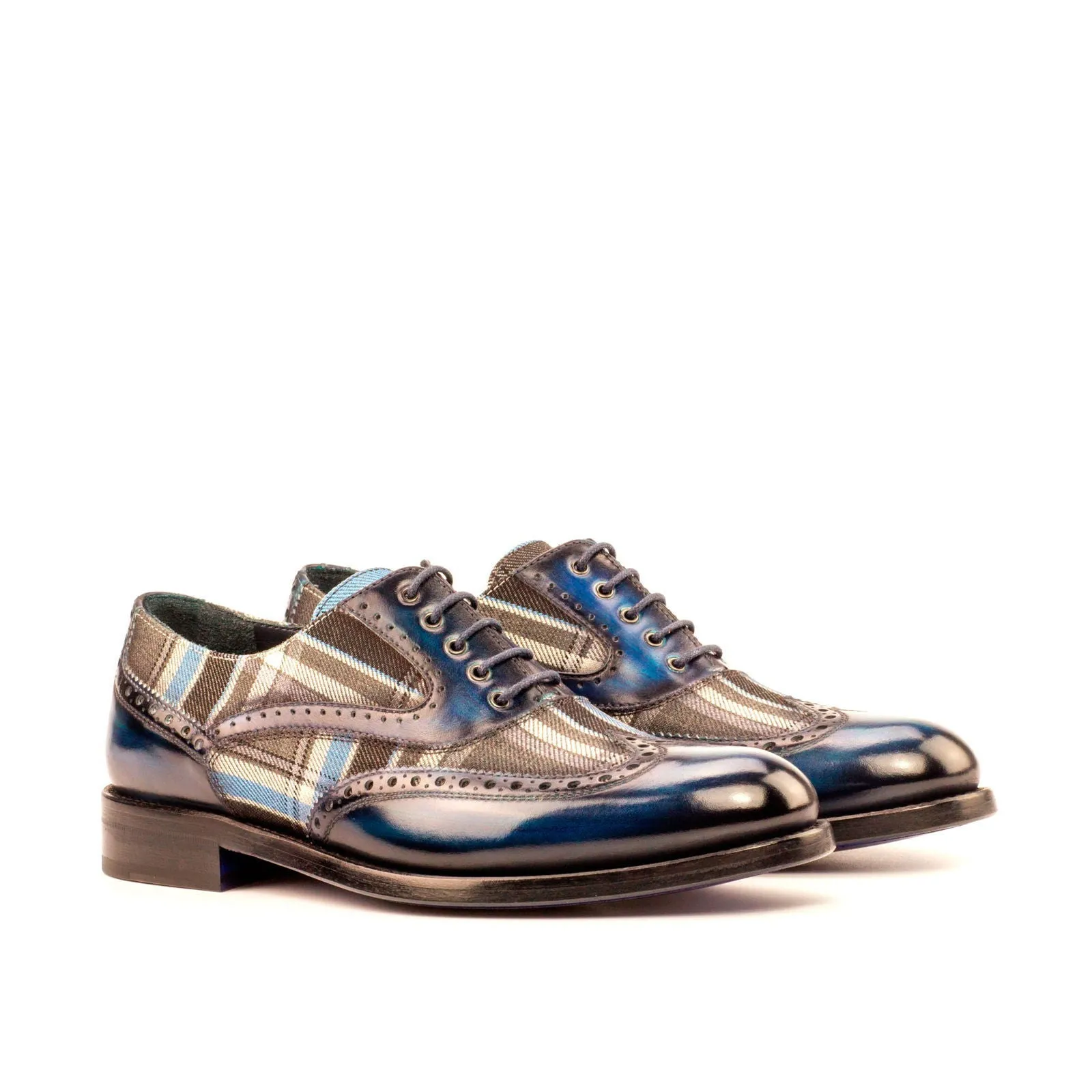 Women's Full Brogue Shoes Patina Leather Grey Blue 3962