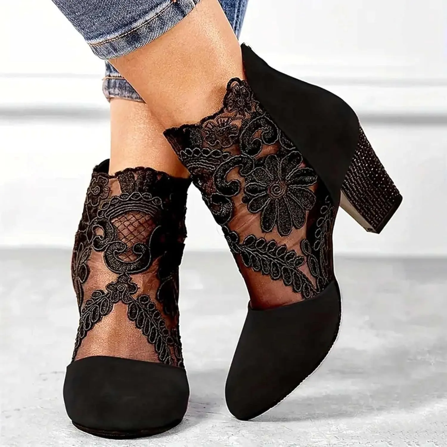 Women's Heels Pumps Women's Lace Fashion Round Toe Back Zipper Breathable Sandals