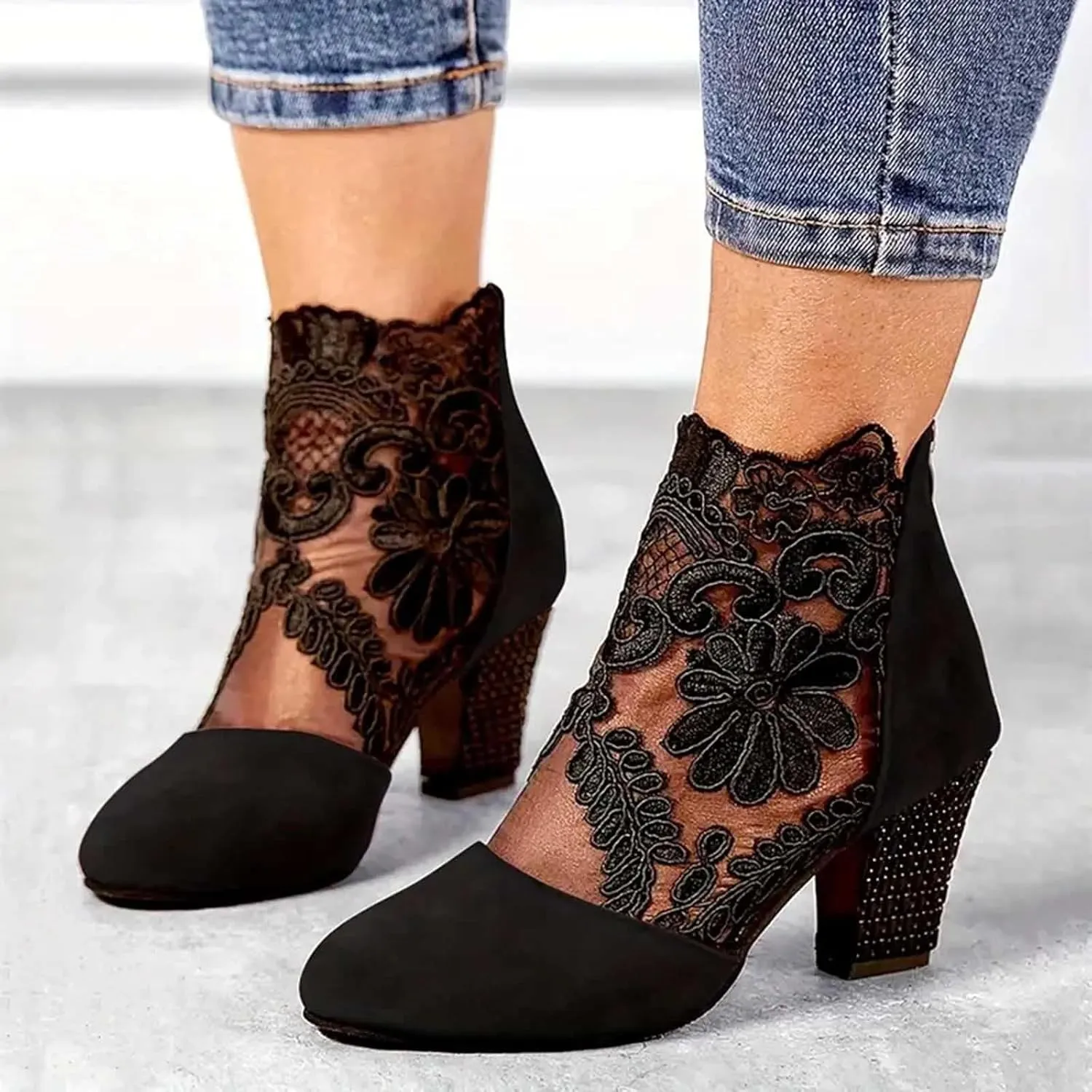 Women's Heels Pumps Women's Lace Fashion Round Toe Back Zipper Breathable Sandals