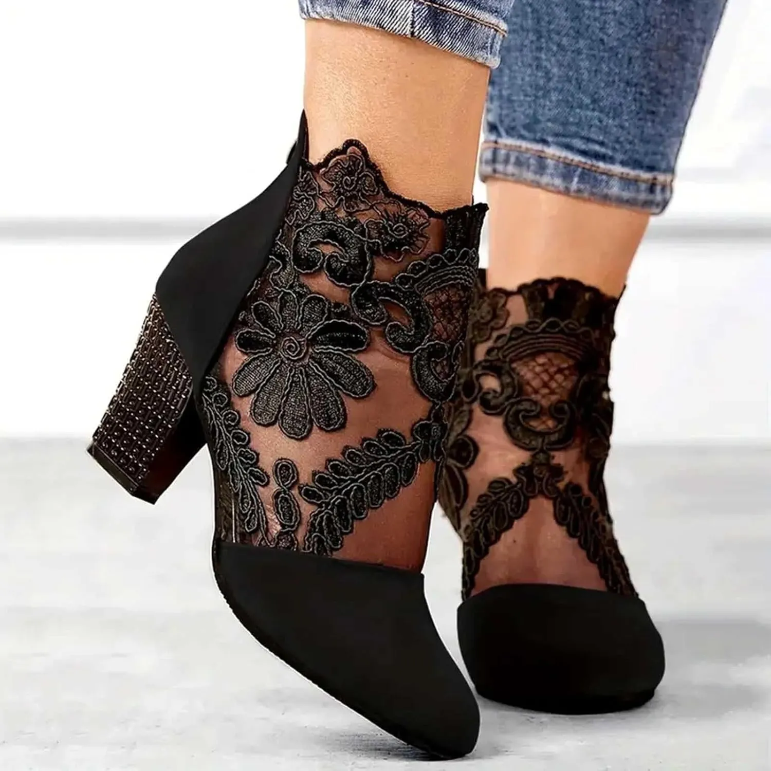 Women's Heels Pumps Women's Lace Fashion Round Toe Back Zipper Breathable Sandals