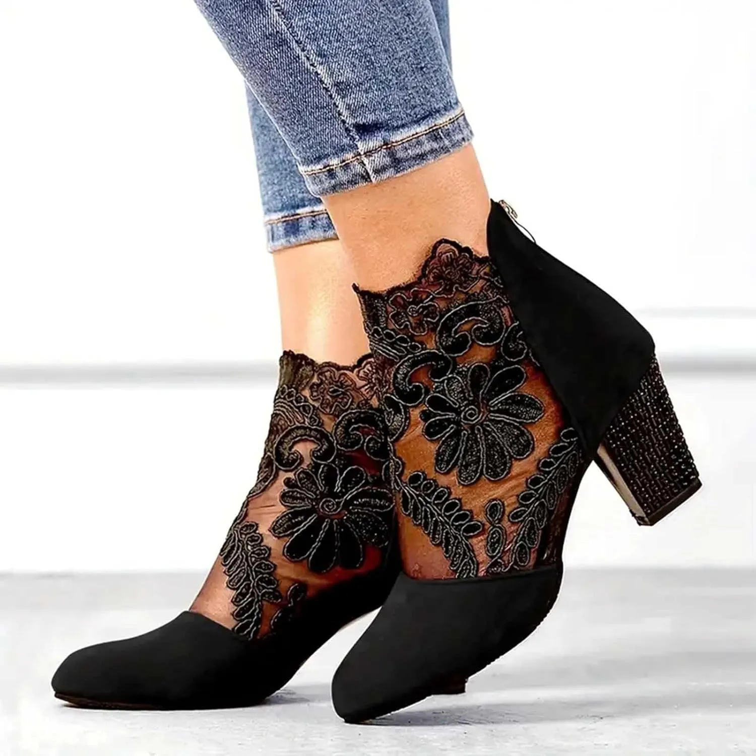 Women's Heels Pumps Women's Lace Fashion Round Toe Back Zipper Breathable Sandals
