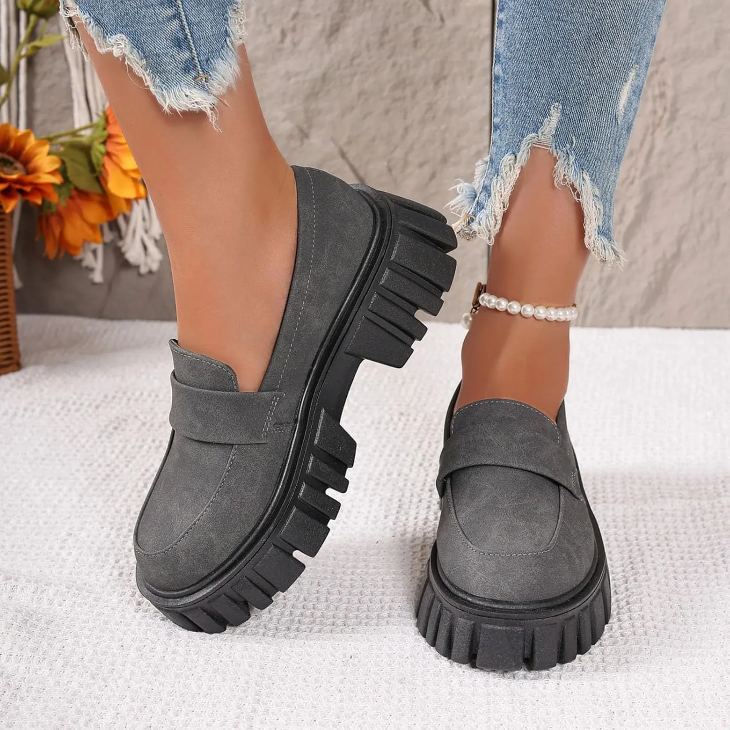 Women's Loafers Comfortable Business Shoes Slip On Platform Loafers Lug Sole Loafers Chunky Casual Shoes