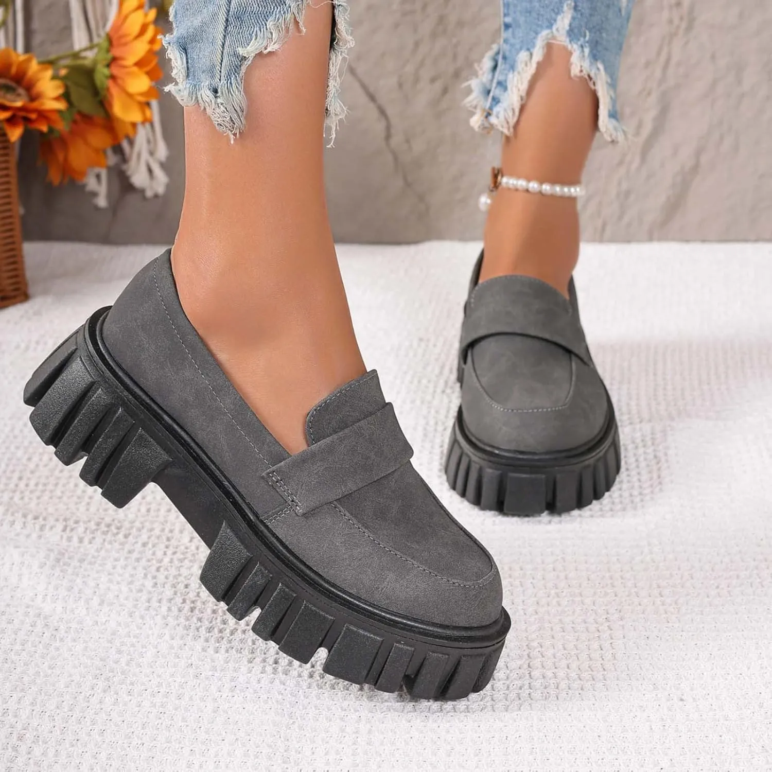 Women's Loafers Comfortable Business Shoes Slip On Platform Loafers Lug Sole Loafers Chunky Casual Shoes