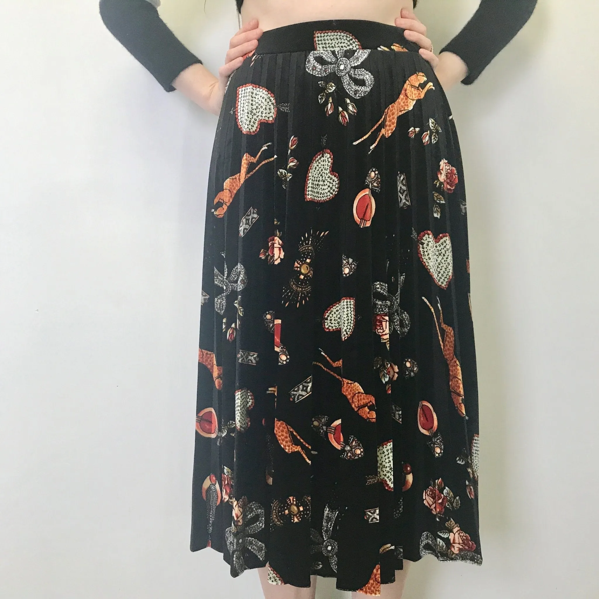Women's 'Maeve by Anthropologie' Velvet Pleated Midi Skirt Montparnasse Print on Black Sz XS - OOAK