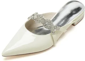 Women's Mules Flat Patent Leather Wedding Bridal Shoes Rhinestones Slip On Sandals Pointed Toe Slides Backless Evening Party Dress Pumps