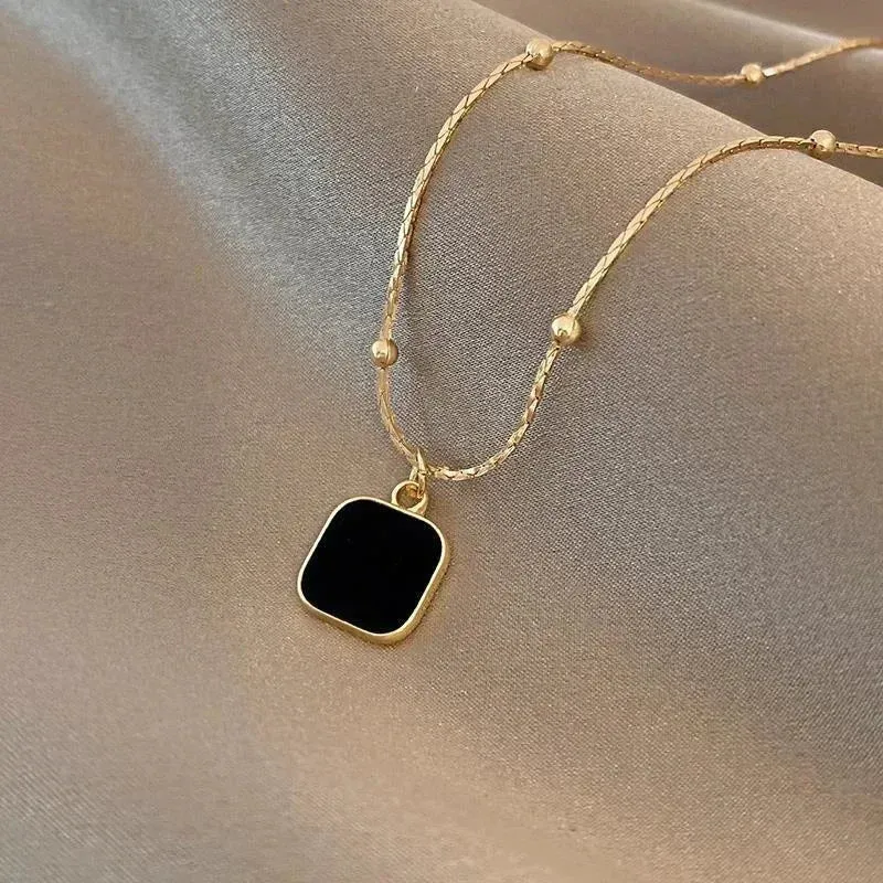 Womens Neck Chain Black Exquisite Minimalist Square Pendant Choker