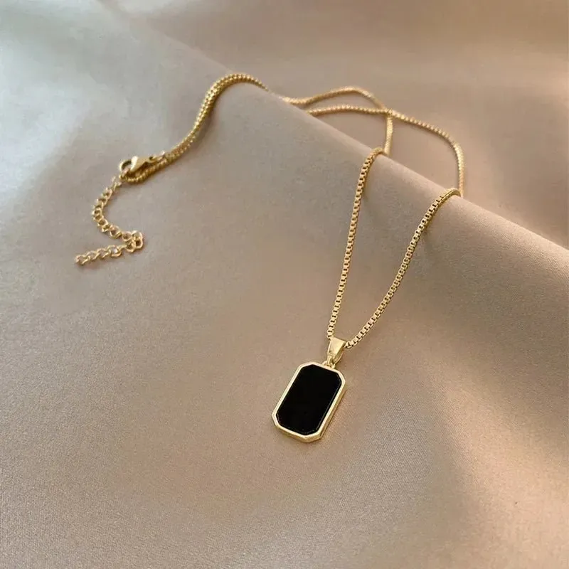 Womens Neck Chain Black Exquisite Minimalist Square Pendant Choker