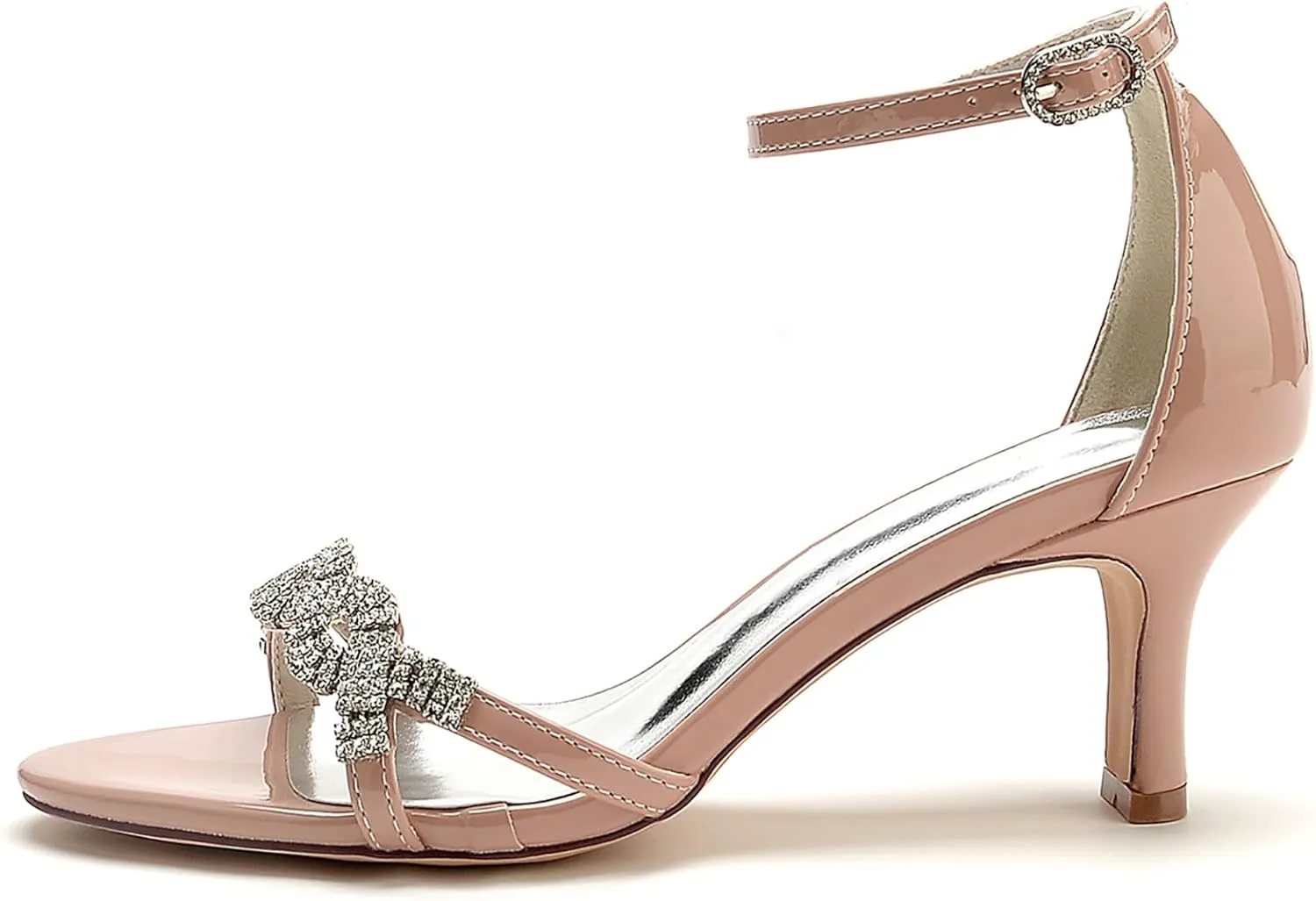 Women's Open Toe Heeled Sandals Wedding Shoes for Bride Patent Leather Rhinestones Ankle Strap Kitten Heel Dress Pumps