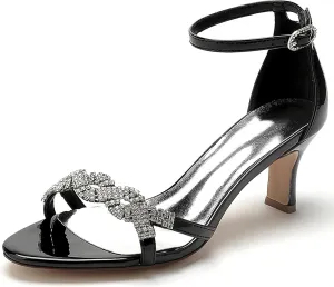Women's Open Toe Heeled Sandals Wedding Shoes for Bride Patent Leather Rhinestones Ankle Strap Kitten Heel Dress Pumps