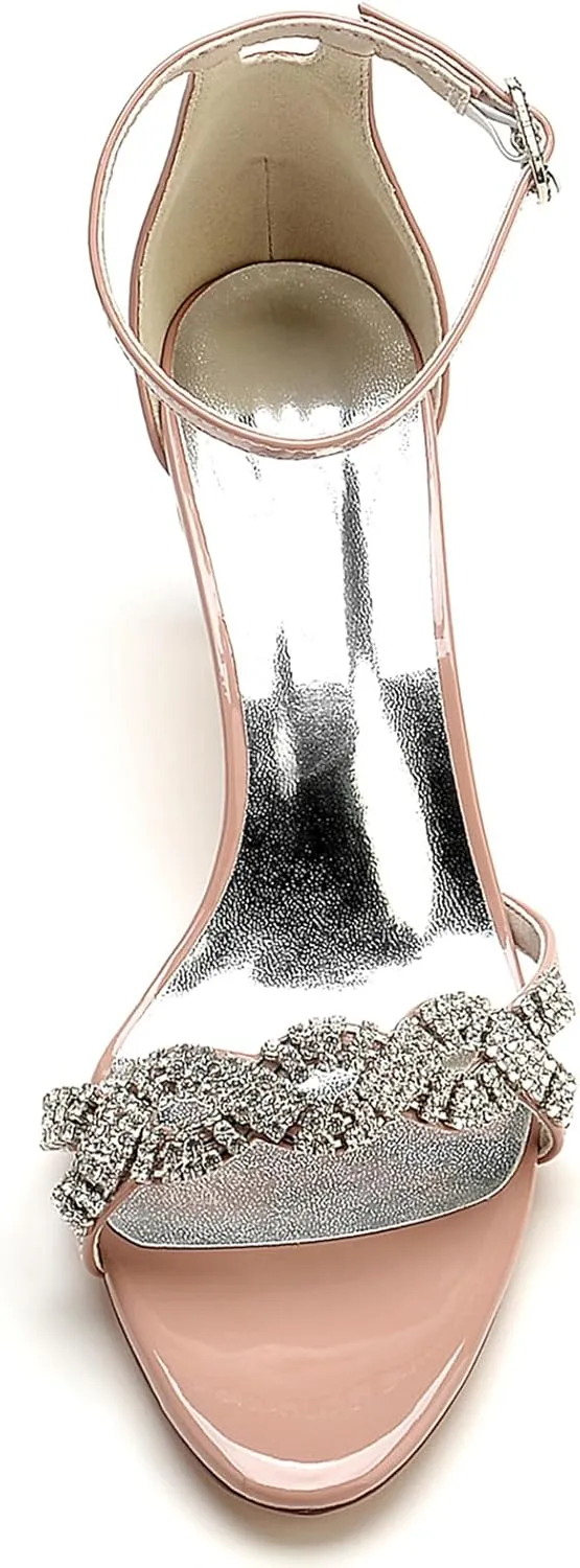 Women's Open Toe Heeled Sandals Wedding Shoes for Bride Patent Leather Rhinestones Ankle Strap Kitten Heel Dress Pumps