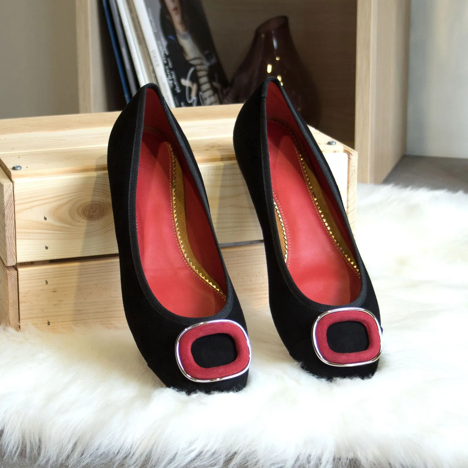Women's Padua Flat Leather Shoes Wide Plus Size Passion Red Luxury Black 5285