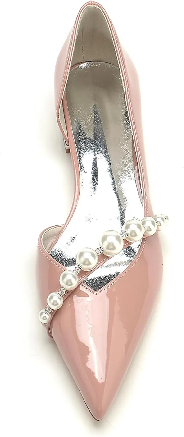 Women's Pearls Pointed Toe Wedding Shoes for Bride Slip on Patent Leather Ballet Flats Evening Prom Party Bridal Dress Shoes