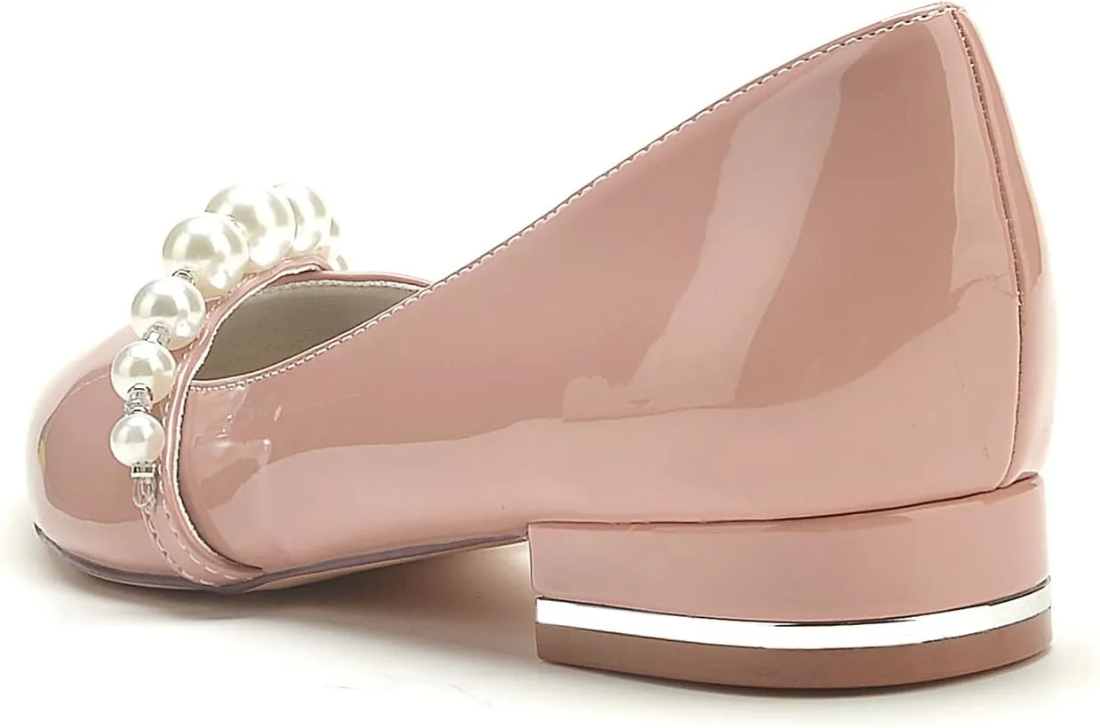 Women's Pearls Pointed Toe Wedding Shoes for Bride Slip on Patent Leather Ballet Flats Evening Prom Party Bridal Dress Shoes