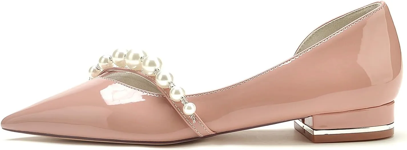 Women's Pearls Pointed Toe Wedding Shoes for Bride Slip on Patent Leather Ballet Flats Evening Prom Party Bridal Dress Shoes