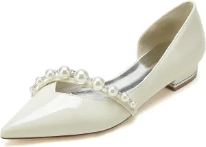 Women's Pearls Pointed Toe Wedding Shoes for Bride Slip on Patent Leather Ballet Flats Evening Prom Party Bridal Dress Shoes