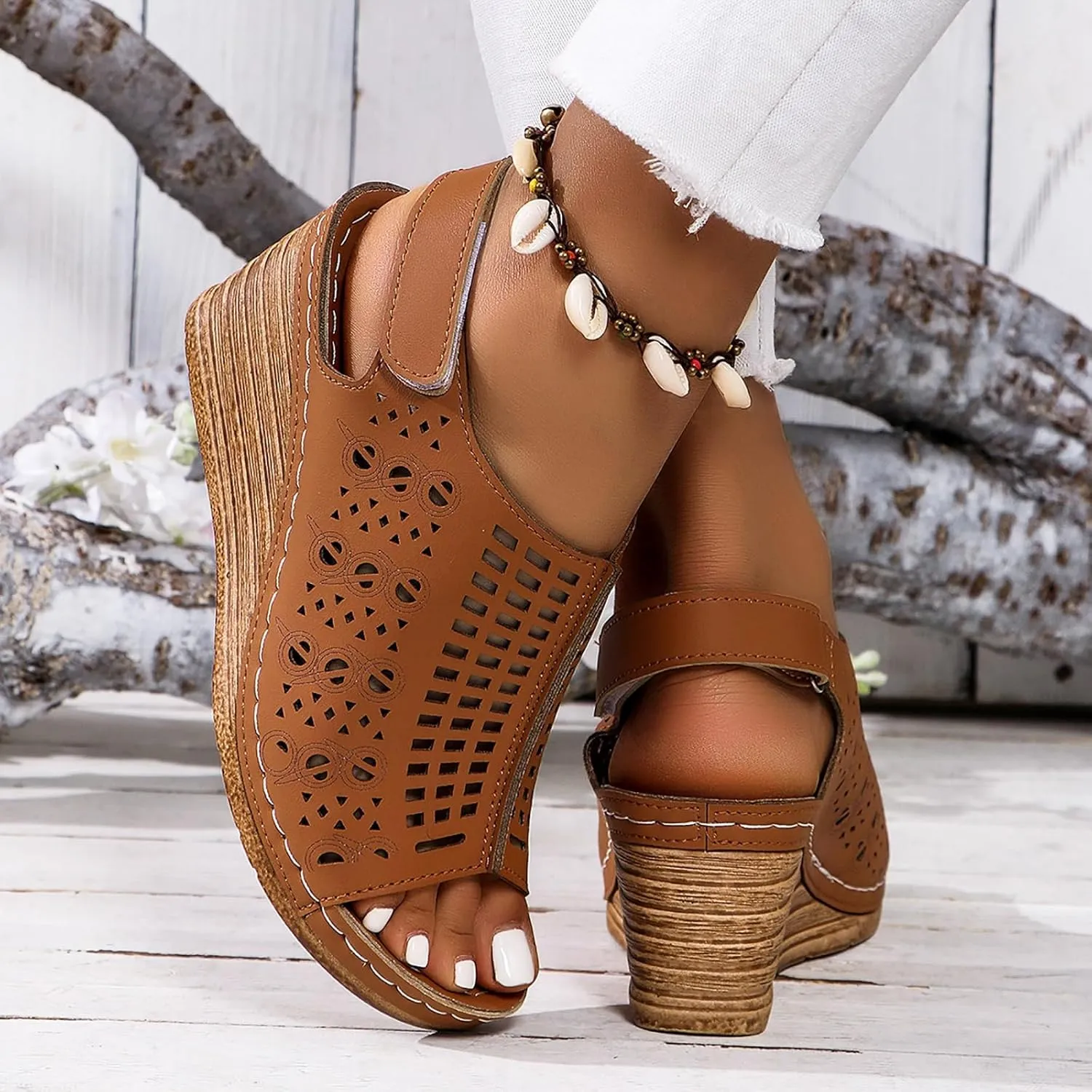 Women's Perforated Slingback Sandal High Heels Open Toe Ankle Strap Wedges Slip On Shoes