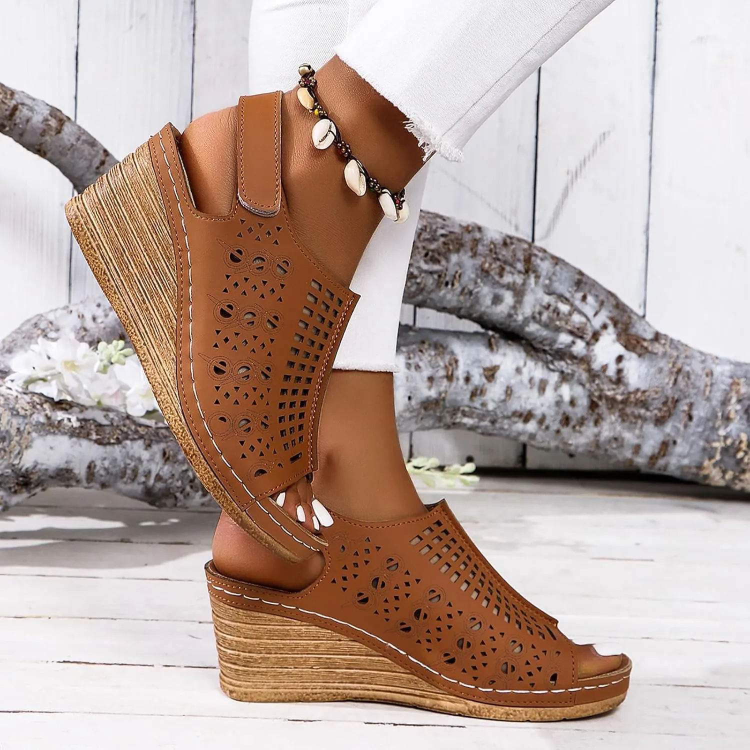 Women's Perforated Slingback Sandal High Heels Open Toe Ankle Strap Wedges Slip On Shoes