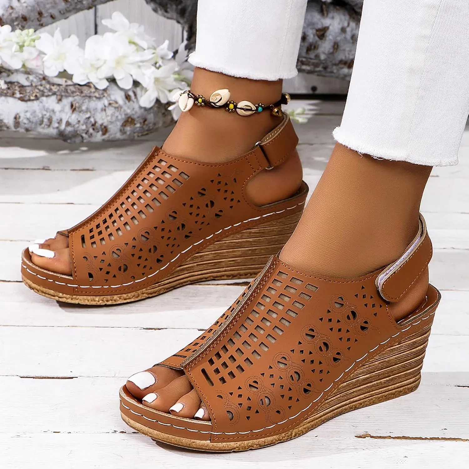 Women's Perforated Slingback Sandal High Heels Open Toe Ankle Strap Wedges Slip On Shoes