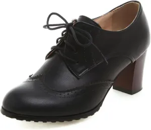 Women's Platform Faux Leather Oxfords Formal Occasion Chunky Block High Heels Brogues Closed Pointed Toed Vintage Lace Up Pumps Work Office Wedding Bridal Dress Shoes