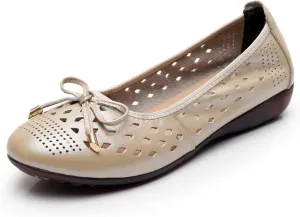 Women's Pointed Toe Bowknot Sandals Hollow Out Breathable Low Chunky Heel Elegant Flat Shoes Casual Slip On Closed Toe Sweet Loafers for Work Nurse Driving
