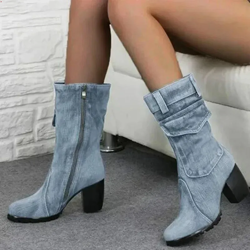 Women's Pointed-Toe Denim-Style High-Heeled Cowboy Boots – Autumn/Winter Casual Chic Footwear