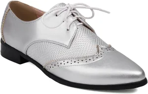 Women's Pointed Toe Flat Saddle Oxford Shoes Lace Up Low Heel Perforated School Uniform Vintage Oxfords Brogues