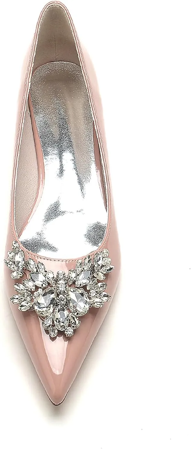 Women's Pointed Toe Patent L eather Wedding Flats for Bride Rhinestones Comfortable White Bridal Shoes Slip on Prom Party Shoes Pumps