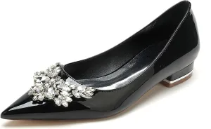 Women's Pointed Toe Patent L eather Wedding Flats for Bride Rhinestones Comfortable White Bridal Shoes Slip on Prom Party Shoes Pumps